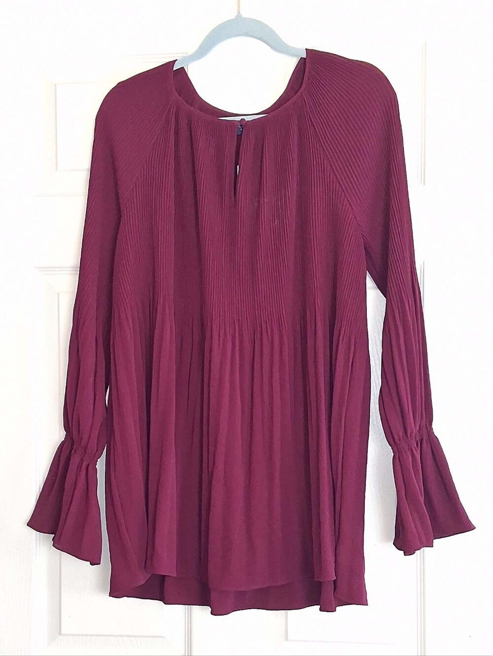 Kaari Blue Burgundy Pleated Bodice Sleeve Keyhole Round Neck Tunic Blouse
